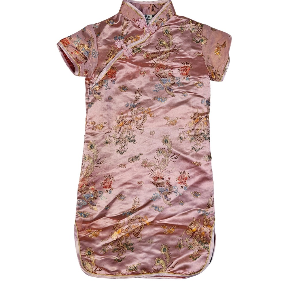 WahougMe Pink Satin Cheongsam Qipao Dress Dragon Phoenix Embroidery Size 6